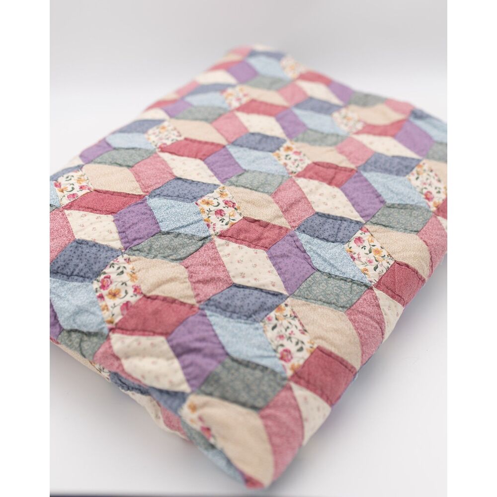 Vintage Handmade Tumbling Blocks Quilt 83” x 82” Floral Patchwork Cottagecore